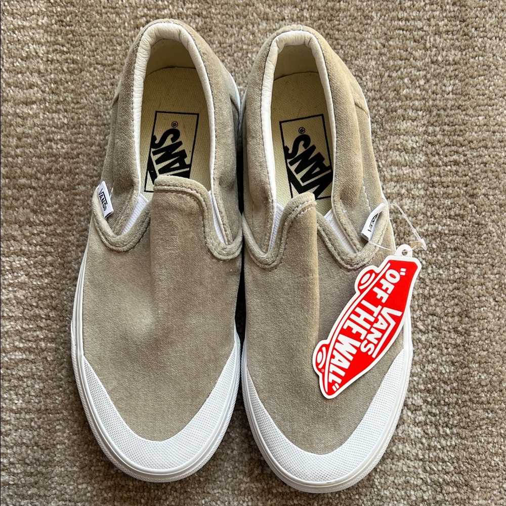 Vans Slip-On Suede Sneakers in Beige and White